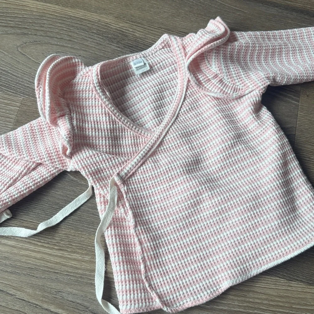 Baby stretch cotton kimono style wrap ruffle top and footed pants set 6-12m